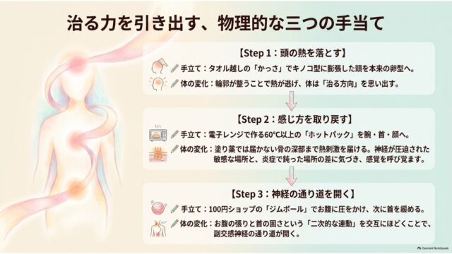 「治る力を引き出す、物理的な三つの手当て」と題し、エネルギーの巡る人体イラストとともに、Step 1（頭の熱を落とす）、Step 2（感じ方を取り戻す）、Step 3（神経の通り道を開く）の手順と実践法をまとめたスライド。