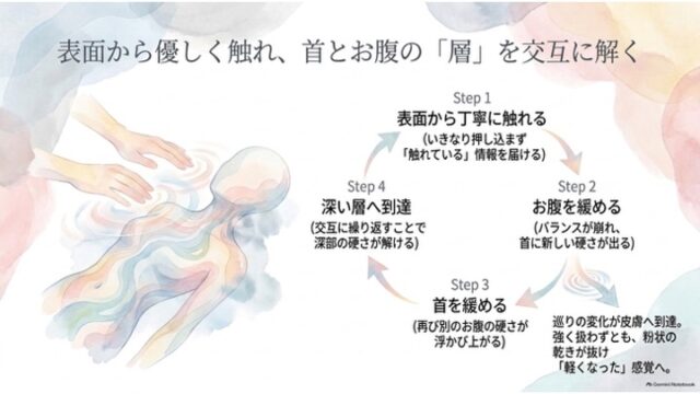 人体に触れる手のイラストと、ステップ1からステップ4まで交互に緩めるプロセスを示した環状のフローチャート。
