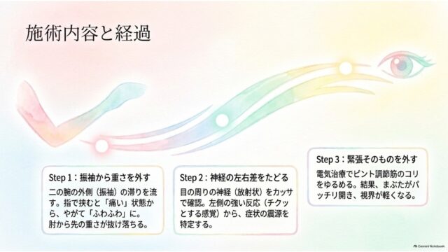 腕から目元へと流れるウェーブラインの上に3つのステップが配置され、二の腕・神経・ピント調節筋へのアプローチの流れを説明したスライド。