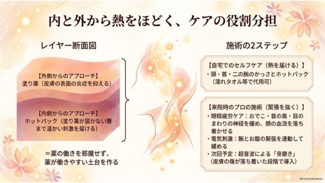 左に皮膚断面のブロック図（塗り薬とホットパックの深さの違い）、右に自宅ケアと院内施術の具体的なステップを記載した役割分担の解説スライド。