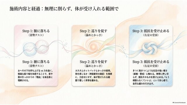 「Step 1: 腑に落ちる」「Step 2: 巡りを促す」「Step 3: 抵抗を受け止める」の3つの施術段階が横並びのカードで説明されているスライド。
