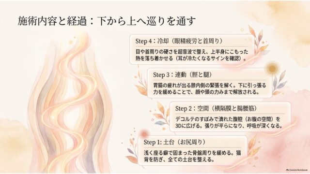 左側に上昇する流線のイラスト、右側にStep 1からStep 4まで下から上へ順を追って施術内容を解説したステップ図スライド。