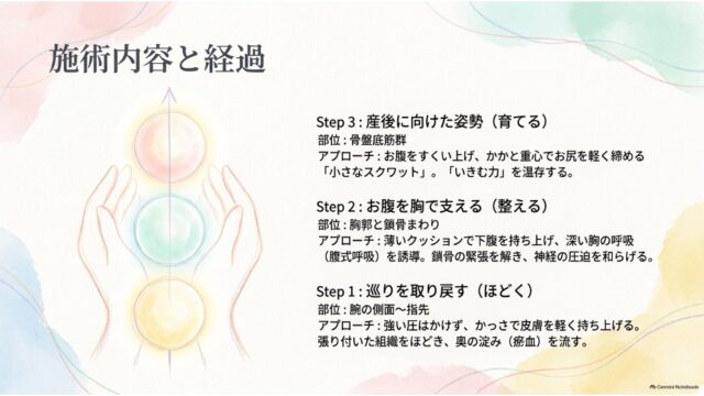 光る球体を包む手のイラストの横に、かっさによる巡りの改善、胸郭呼吸の調整、骨盤底筋群のエクササイズという3段階の施術ステップが記載されたスライド。