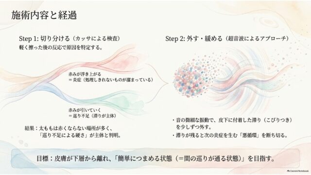 「Step 1: 切り分ける」と「Step 2: 外す・緩める」の施術内容と、それぞれの変化を図解した水彩イラストが掲載されたスライド。