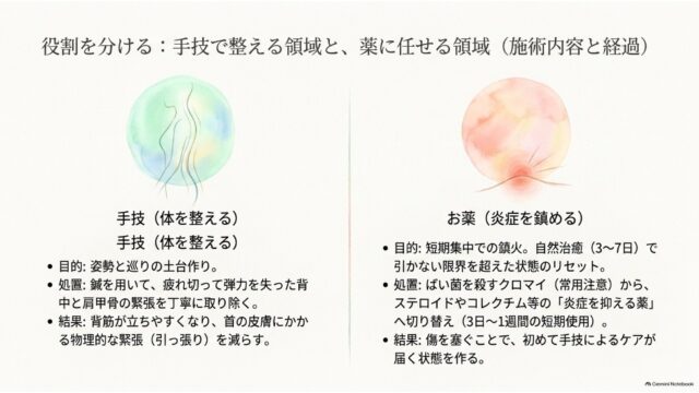 左右2分割の構成で、左側に背筋のイラストと手技の役割、右側に炎症のイラストとお薬の役割が対比して記載されたスライド。