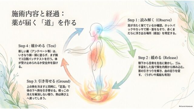 人体シルエットの周囲に「読み解く・緩める・引き寄せる・確かめる」の4ステップが循環矢印で配置され、足湯や首の筋膜リリースにより薬が届く身体を作る手順を示したスライド。