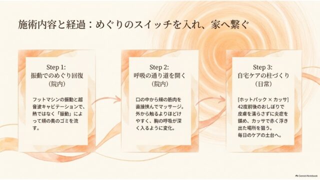 「塗るケア + めぐりのケア + 眠る体力 = 本当のスキンケア」という数式調のヘッドラインと、3つの考察コラムで構成されたプレゼンテーションスライド。