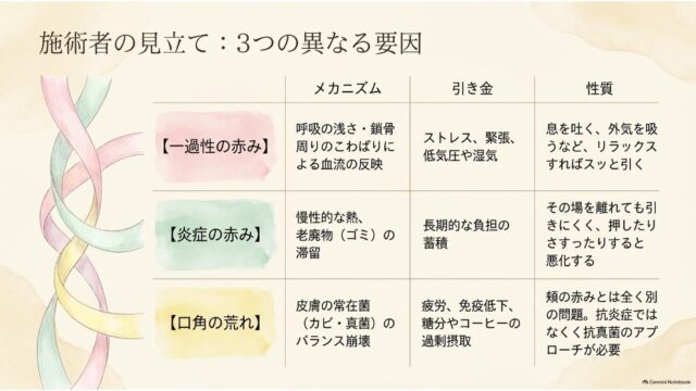 3色に色分けされた表形式で、「一過性の赤み」「炎症の赤み」「口角の荒れ」それぞれのメカニズム、引き金、性質の違いを対比した解説スライド。