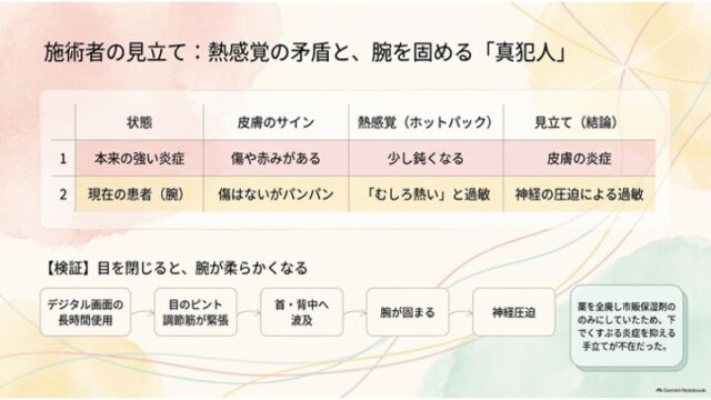 ホットパックの熱感覚による見立ての違いをまとめた比較表と、目の酷使から腕のこわばり・神経圧迫へ至るプロセスを示す5段階のフローチャートが描かれたスライド。