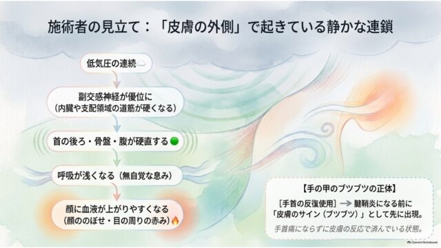低気圧の連続から自律神経、内臓・首の硬直、浅い呼吸を経て顔ののぼせや皮膚症状に至る身体の連鎖を示したフローチャートスライド。