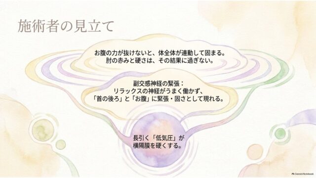 水彩の波紋と球体をモチーフにした図解の上に、低気圧から横隔膜、自律神経、首・お腹の硬直、そして肘の症状へつながる見立てを記したスライド。