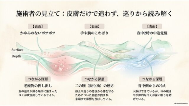横たわる身体の断面図イラスト。表面（Surface）の症状と、深層（Depth）にある「老廃物」「二の腕の硬さ」「背中の冷え」の因果関係を上下で対比させた図解。