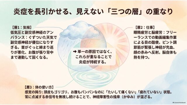 雨雲・光・波紋が重なる3つの円のベン図イラスト。「炎症を長引かせる、見えない『三つの層』の重なり」という見出しの周りに、気候、仕事（眼精疲労）、体の使い方（感覚の鈍り）の3つの要因を解説した図解スライド。