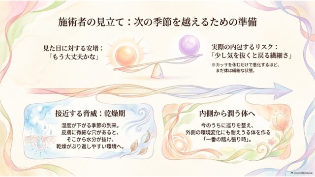天秤で安心感とリスクを比較し、下部に乾燥期の皮膚メカニズムと内側からの潤いケアの重要性を左右に並べた解説図