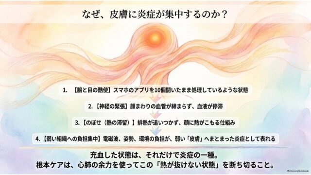 頭部から光が広がる人体の抽象画の下に、脳と目の酷使から神経の緊張、熱の滞留を経て皮膚の炎症に至る4段階のメカニズムを縦の流れで示したスライド。