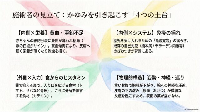 4色のクロスグラデーションを背景に、貧血・亜鉛不足、免疫の揺れ、食のヒスタミン、姿勢と神経・巡りの4つの土台を整理した4分割カードスライド。