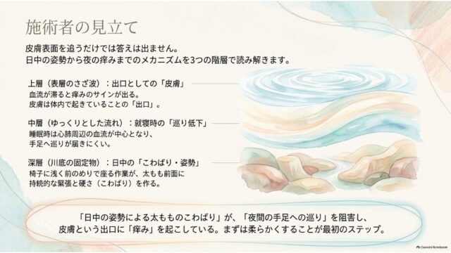 上層・中層・深層の階層構造を描いた水彩画イラストと、それぞれのメカニズムを解説するテキストが並ぶスライド。