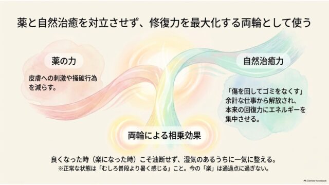 薬の力と自然治癒力の両輪による相乗効果と、改善期における心構えを解説するスライド。