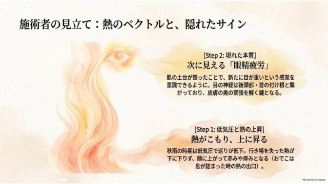 左側に熱の上昇と目をモチーフにしたイラスト、右側に低気圧による熱の上昇と眼精疲労の2ステップを解説するテキストを配置したスライド。