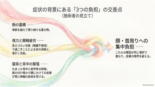 3本の異なる色のリボン（熱の蓄積、視力と眼精疲労、猫背と背中の緊張）が1つに合流して右向きの矢印となり、「顔・首周りへの集中負担」を指し示している図解スライド。
