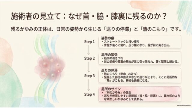 巡りの滞りを示すイラストとともに、姿勢の癖から局所の緊張、巡りの停滞（瘀血）、局所のかゆみ発生に至る4段階のステップを示したスライド。