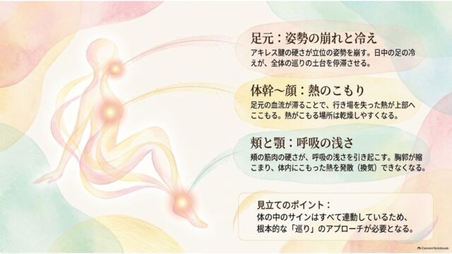 人体シルエットの足・胸・顎のポイントが光り、足元の冷えから体幹の熱のこもり、呼吸の浅さへと連動する身体サインを解説した図。