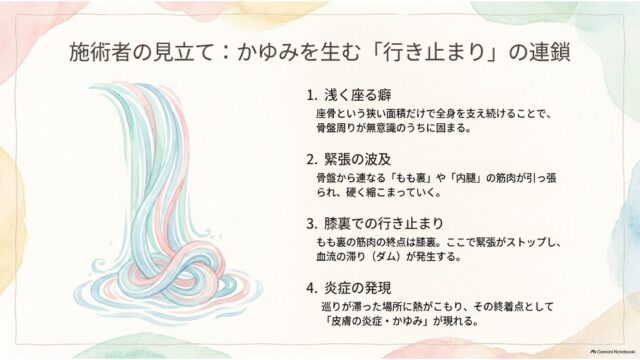 下部で渦を巻いて滞る滝のような水流のイラストと、浅い座り方から膝裏の炎症発生に至る4つの連鎖プロセスが箇条書きされたスライド。