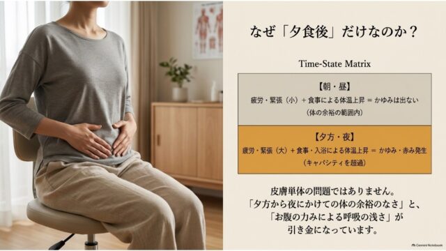 椅子に座ってお腹に手を当てる女性の写真と、朝・昼と夕方・夜の体の状態変化を比較した表が掲載されたスライド。