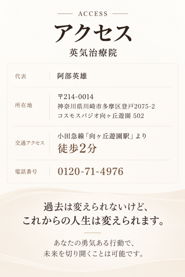 英気治療院のアクセス情報。代表者阿部英雄、所在地神奈川県川崎市多摩区登戸、小田急線向ヶ丘遊園駅より徒歩2分、フリーダイヤル電話番号およびメッセージ文が記載された画像。
