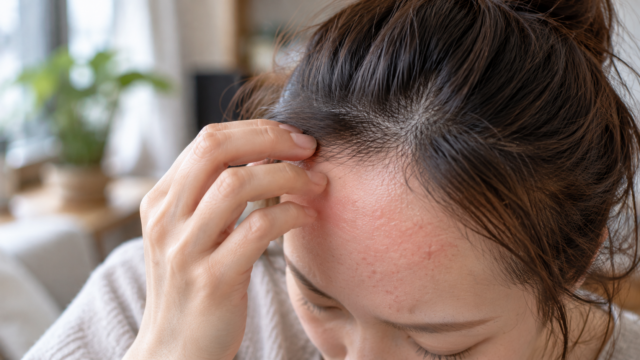 軽い赤みと乾燥が見られるおでこのかゆみを気にして、額に指先をそっと当てる女性のクローズアップ写真
