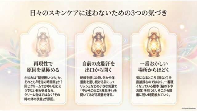 温かく点灯する3つのランタンのイラストがそれぞれ上部に描かれた縦型カードに、「再現性で原因を見極める」「自前の皮脂汗を出口から開く」「一番おかしい場所からほどく」という3つの指針が書かれたスライド。