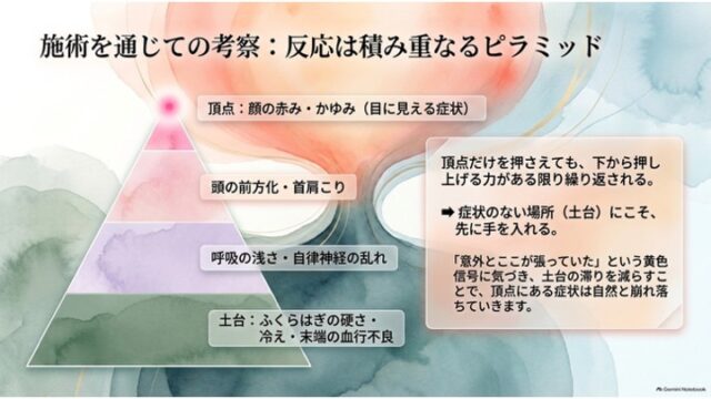 「施術を通じての考察：反応は積み重なるピラミッド」と題されたスライド。左側に4層のピラミッド図（土台：ふくらはぎ→呼吸・自律神経→首肩こり→頂点：顔の赤み・かゆみ）があり、右側に土台からアプローチする重要性を解説したカードが配置されている。