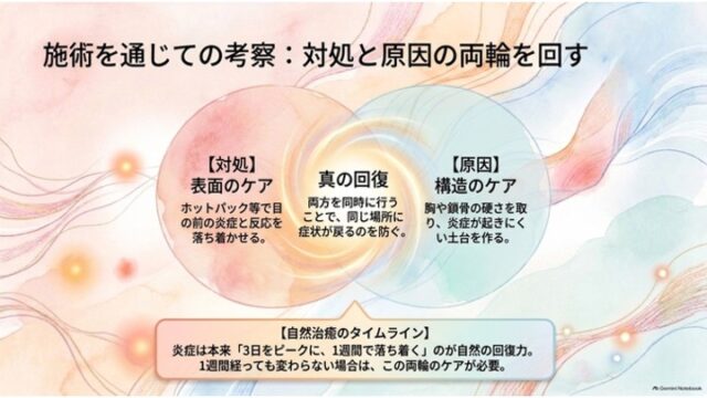 ピンクと青緑の2つの重なる円で表面の対処と構造のケアの両輪、中央に「真の回復」を示し、下部に自然治癒のタイムラインを記載したスライド。
