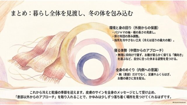 暖かいニットマフラーと同心円のイラストの横に、「外側からの保護」「中間からのアプローチ（寝る体勢）」「内側への意識（全身のめぐり）」の3段階ケアをまとめた最終スライド。