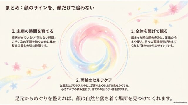 カラフルな渦巻きサークルを中心に、全体を繋げて観る・両輪のセルフケア・未病の時間を育てるの3つのポイントを配置したまとめ図