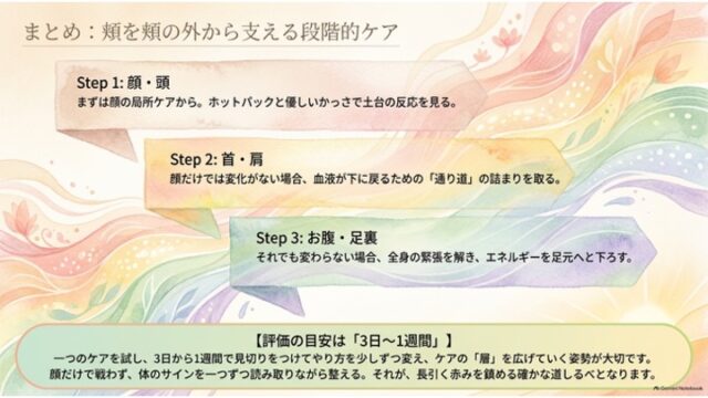Step 1（顔・頭）、Step 2（首・肩）、Step 3（お腹・足裏）のリボン図と、「評価の目安は3日〜1週間」という枠囲みがあるまとめスライド。