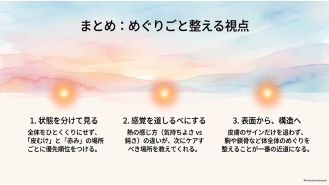 3つの光る球体アイコンの下に「1. 状態を分けて見る」「2. 感覚を道しるべにする」「3. 表面から、構造へ」の3つの要点が横並びで書かれたまとめスライド。