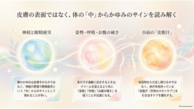 ALT属性: 水色・ピンク・オレンジの3つの球体イラストと連動し、「神経と眼精疲労」「姿勢・呼吸・お腹の硬さ」「自前の皮脂汗」の3要素について、それぞれの解説テキストがカード形式で横並びに配置されたスライド。