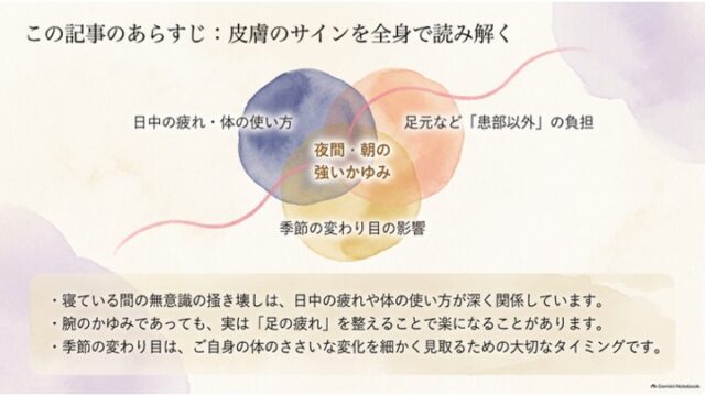 「日中の疲れ」「患部以外の負担」「季節の変わり目の影響」が重なり合って「夜間・朝の強いかゆみ」を引き起こすことを示す3つの円のベン図と、その解説文が書かれたスライド。