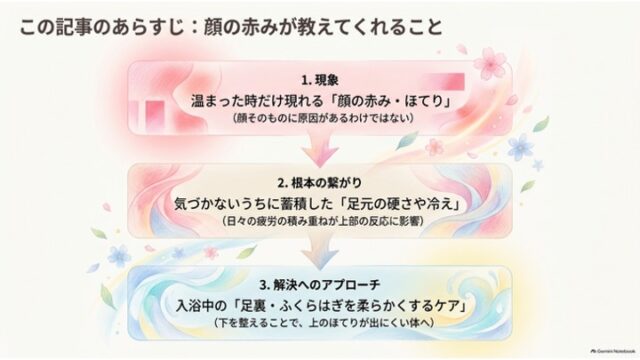 「1. 現象」「2. 根本の繋がり」「3. 解決へのアプローチ」が上から順に3段階のフロー形式で並んだあらすじの解説図   