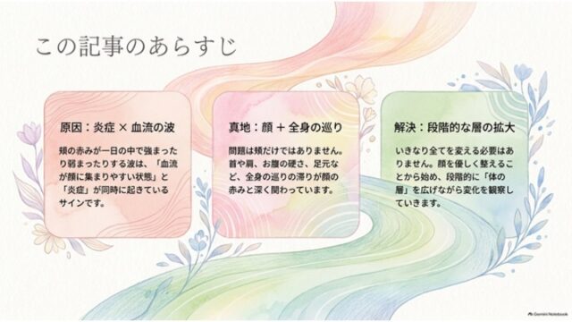「原因：炎症×血流の波」「真地：顔＋全身の巡り」「解決：段階的な層の拡大」の3つのカードが並ぶあらすじスライド。