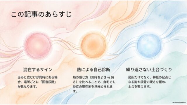 ピンク、オレンジ、青の3つの光る球体アイコンの下に、混在するサイン、熱による自己診断、繰り返さない土台づくりの3つの概要が横並びで解説された目次スライド。