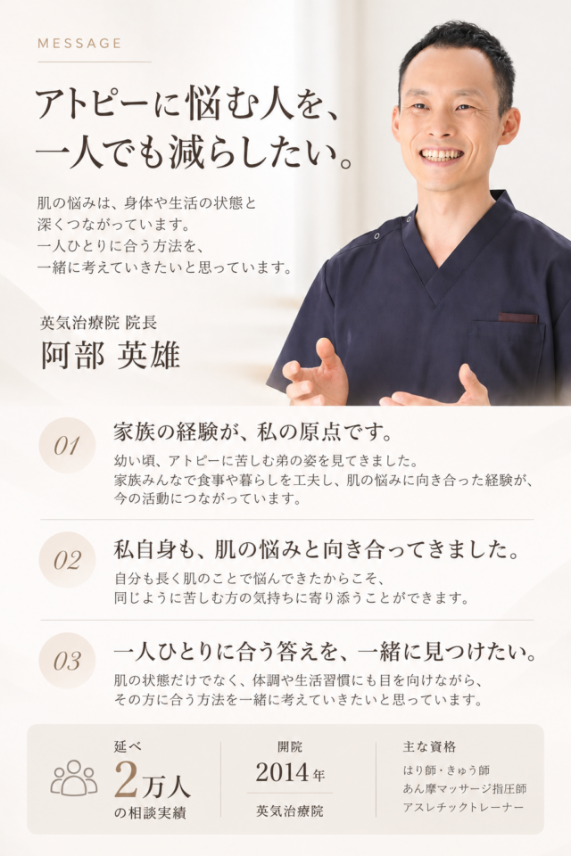 「アトピーに悩む人を、一人でも減らしたい。」と語る英気治療院院長・阿部英雄の写真と、自身の原点・想い、相談実績2万人などの資格・経歴情報が書かれた画像。