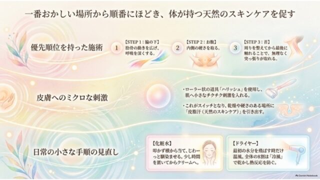 「優先順位を持った施術（脇の下→お腹→首）」「皮膚へのミクロな刺激（ローラー道具ハリッシュ）」「日常の小さな手順の見直し（化粧水とドライヤー冷風）」が3段の横帯状に整理された解説スライド。