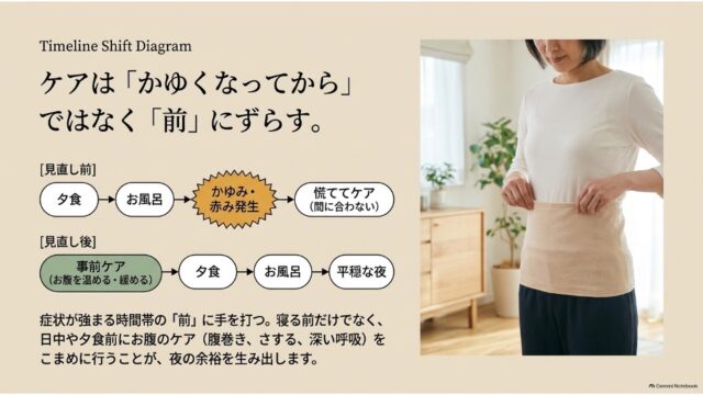 腹巻きを着用している女性の写真と、事前ケアを取り入れて夕食後のトラブルを防ぐ見直し前後のタイムライン図が掲載されたスライド。