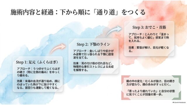 「施術内容と経過：下から順に『通り道』をつくる」と題されたスライド。左下から右上へと矢印で結ばれた「Step 1: 足元」「Step 2: 下顎のライン」「Step 3: おでこ・首筋」の3枚のカードと、右下に鏡の中の変化を記した囲み枠が配置されている。