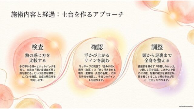 「検査」「確認」「調整」の3つの円形ステップで施術の流れと全身アプローチを説明するスライド。