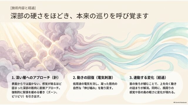 厚い雲から光が差し込み軽やかな波となって抜けるイラストの下に、鍼と電気刺激による深部アプローチと首・顔周りの変化のプロセスを3つのカードで示したスライド。