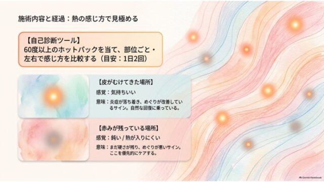 ホットパックを用いた自己診断の目安と、皮がむけた場所（気持ちいい＝回復）と赤みが残る場所（鈍い＝優先ケア）の判定基準を色分けされたカードで示したスライド。