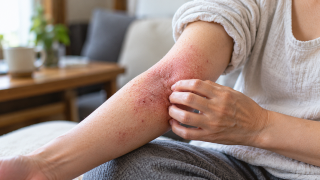 肘から前腕に広がる赤みと乾燥した皮膚に手を触れる女性｜アトピーとかぶれが気になる腕の状態